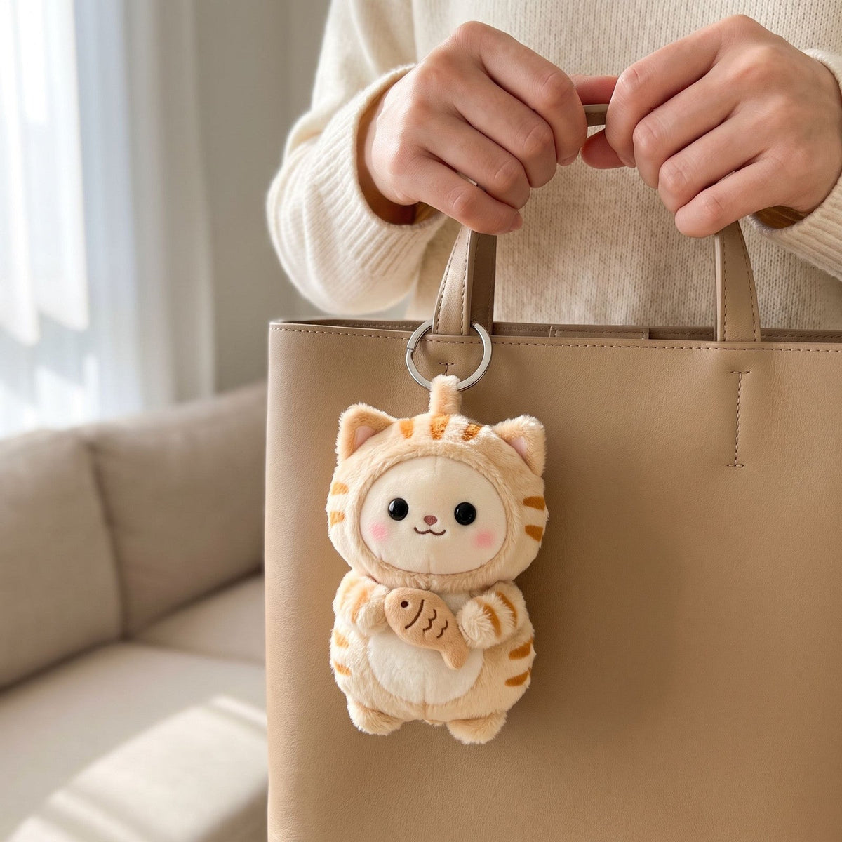 Tabby Cat Bag Charm on a tote bag
