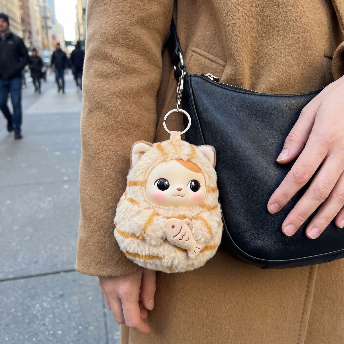 Tabby Cat Bag Charm on a shoulder bag