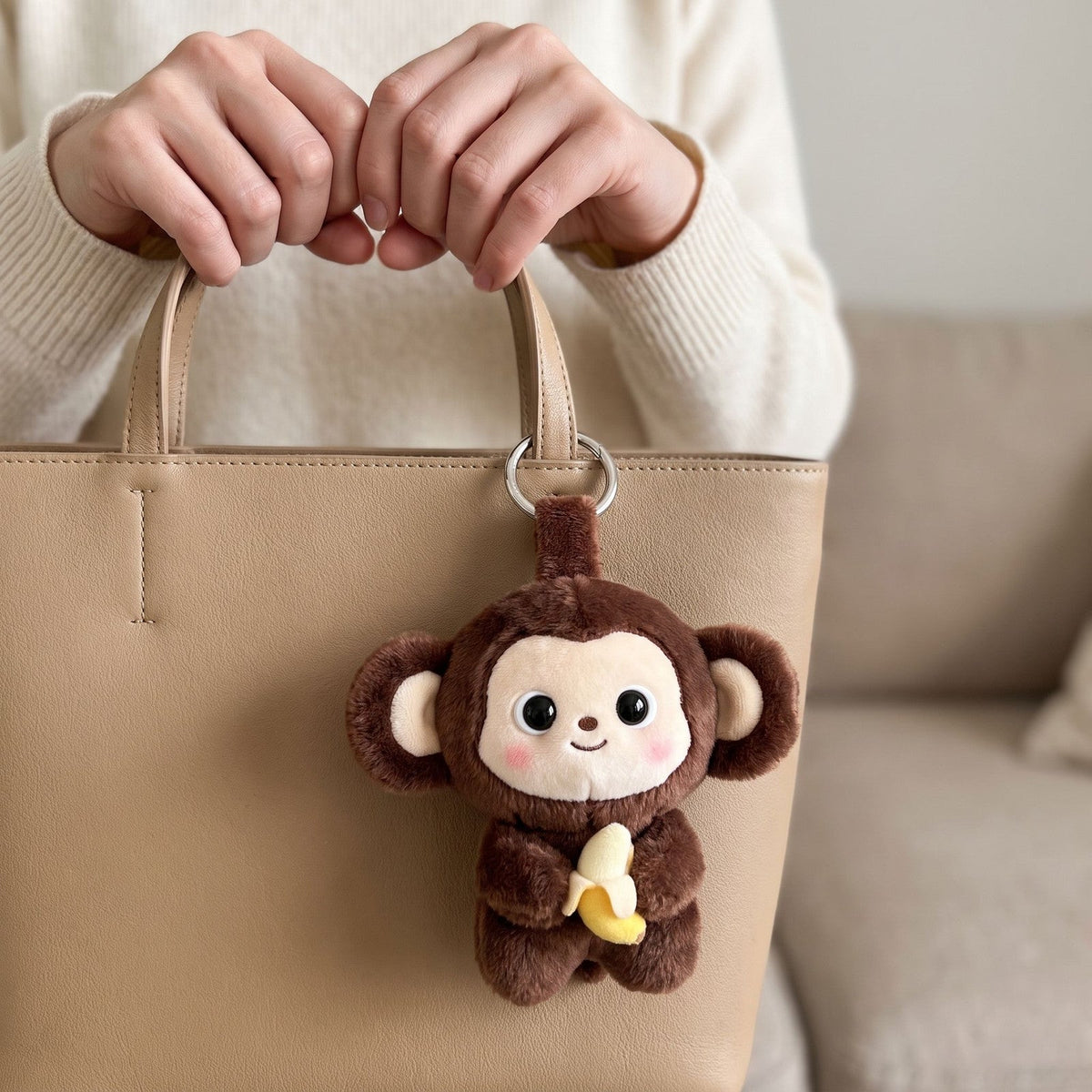 Cocoa Monkey Bag Charm on a tote bag