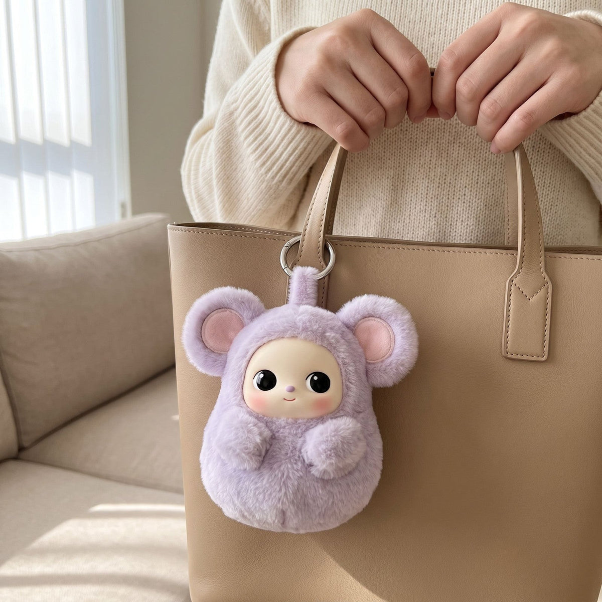 Mochi Mouse Bag Charm on a tote bag